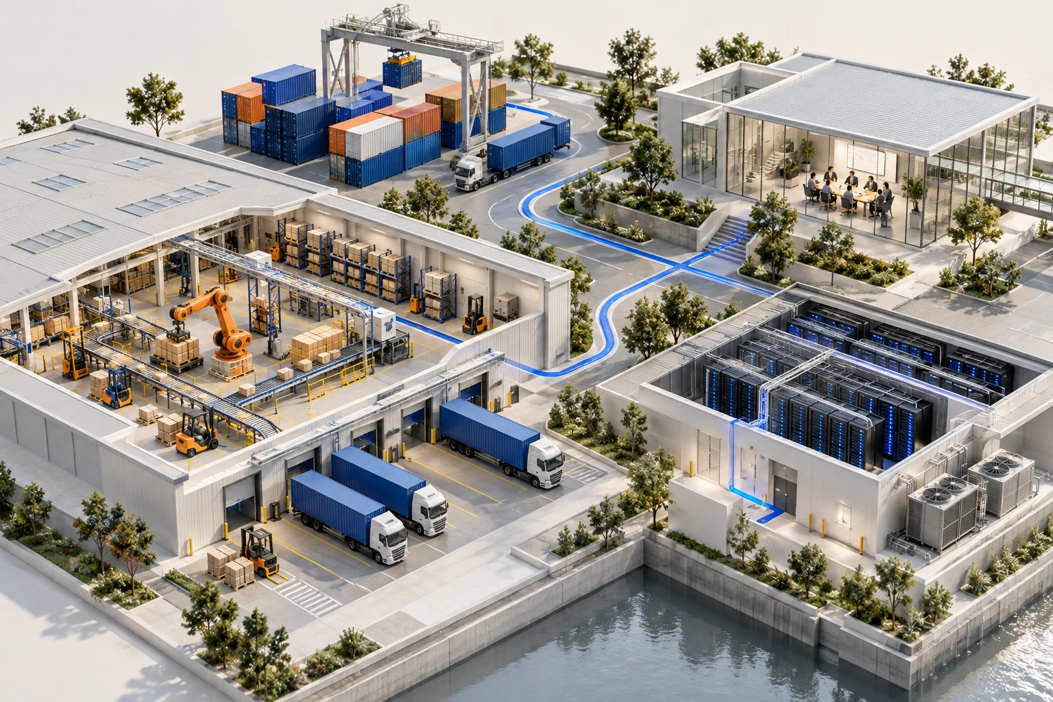 Architectural illustration of offices and enterprise infrastructure connected through software